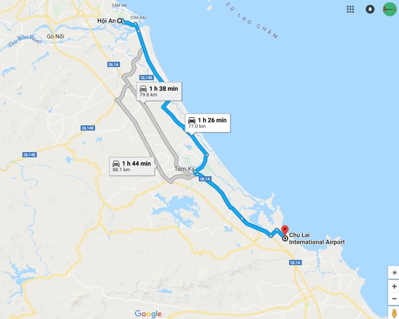 Chu Lai airport to Hoi An map