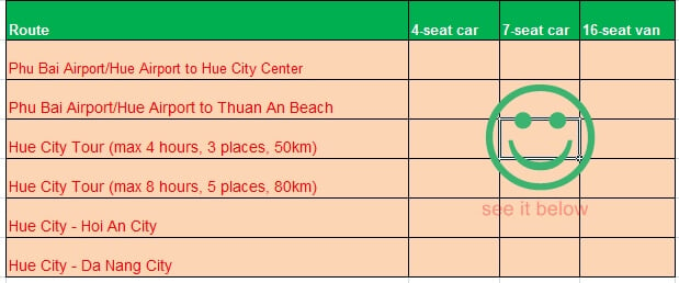 Price table of car hire from Hue city Vietnam