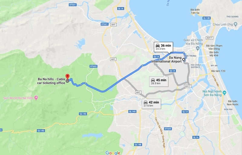 Map from Da Nang International Airport to Ba na Hills